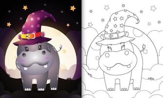 livre de coloriage avec un hippopotame de sorcière d'halloween de dessin animé mignon devant la lune vecteur
