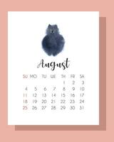 août calendrier 2024 avec main tiré aquarelle noir chat. calendrier 2024. été calendrier 2024 avec mignon, duveteux chat. vecteur