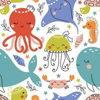 mignonne nautique modèle avec nager mer animaux - baleine, pieuvre, Raie, mer tortue, crabe. marrant sans couture vecteur impression main tiré dans griffonnage style pour des gamins textile, fond d'écran