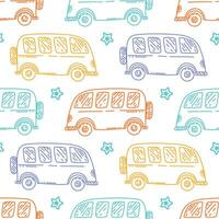 mignonne sans couture bébé vecteur modèle avec coloré autobus tiré dans esquisser style. marrant illustration pour des gamins textile avec répété ornement de ville transport sur blanc Contexte