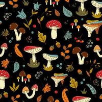 mignonne champignons vecteur modèle . marrant l'automne sans couture impression avec amanites et chanterelles sur foncé forêt Contexte. coloré griffonnage illustration pour girly textile, Stationnaire conception