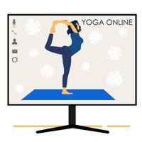 yoga en ligne. coach fille tient une leçon en ligne. écran. vecteur