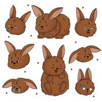ensemble de lapin ou de lapins de dessin animé mignon marron vecteur