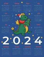 2024 annuel calendrier mignonne dragon avec Noël arbre sur bleu Contexte. vecteur verticale modèle 12 mois dans Anglais. la semaine sur lundi. 2024 année dragon selon à est calendrier