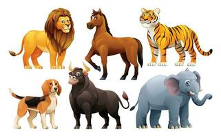 ensemble de animaux vecteur dessin animé illustration. lion, cheval, tigre, chien, taureau et l'éléphant