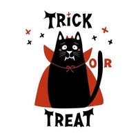 chat de dessin animé mignon porter un costume de vampire avec des crocs, des cornes et une cape rouge vecteur