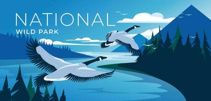 en volant canadien oies plus de forêt montagnes. Lac paysage avec calme l'eau. bleu et vert. nationale faune parc, tourisme et Voyage publicité. vecteur illustration