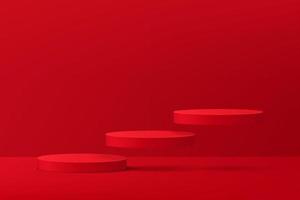 podium de cylindre rouge 3d abstrait flottant dans l'air avec scène de mur rouge vecteur
