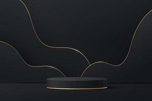podium de piédestal de cylindre noir abstrait 3d avec ligne dorée vecteur