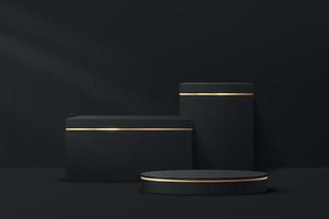 abstrait 3d noir, piédestal de cylindre à rayures dorées et podium de cube