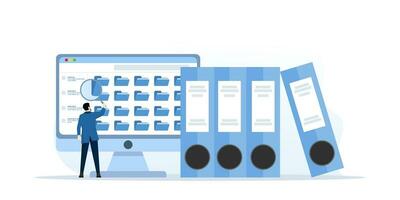 fichier chercher concept. ouvrier recherches pour des dossiers. employé les usages une grossissant verre. fichier classeur, bleu dossier avec documents. fichier directeur, Les données espace de rangement et indexage. plat vecteur illustration.