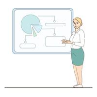 présentation d'entreprise, femme affiche des informations sur tableau blanc - vector