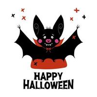 jolie chauve-souris vampire avec des crocs et une cape rouge carte de voeux halloween vecteur