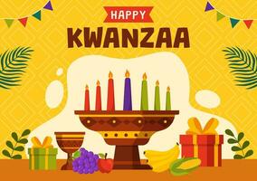 content kwanzaa vecteur illustration avec Mazao, zawadi, mkeka, Kinara, cadeaux, tasse, bougies dans traditionnel vacances africain symbole plat dessin animé Contexte