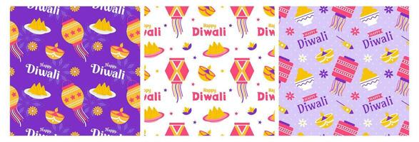 ensemble de content diwali sans couture modèle illustration conception avec lumière Festival de Inde ornement dans dessin animé main tiré modèle vecteur