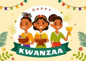 content kwanzaa vecteur illustration avec Mazao, zawadi, mkeka, Kinara, cadeaux, tasse, bougies dans traditionnel vacances africain symbole plat dessin animé Contexte