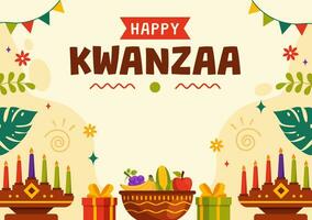 content kwanzaa vecteur illustration avec Mazao, zawadi, mkeka, Kinara, cadeaux, tasse, bougies dans traditionnel vacances africain symbole plat dessin animé Contexte