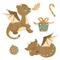 Noël ensemble dans dessin animé style. mignonne dragons, cadeau boîte, Noël balle, caramel sucette. vecteur