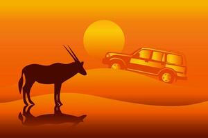 suv voiture et désert chèvre silhouette avec désert le coucher du soleil Contexte vecteur illustration