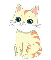 mignonne beige chat avec marron taches et gros bleu yeux est assis. isolé icône, dessin animé chat sur blanc Contexte vecteur