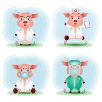 cochons mignons avec une équipe de médecins et une collection de costumes d'infirmières vecteur