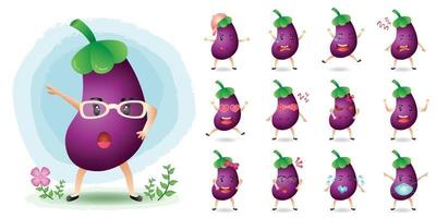 collection de jeux de caractères d'aubergines de mascotte mignonne vecteur