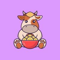 vache mignonne mangeant des nouilles ramen. vecteur