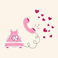 vieux rétro Téléphone rose avec cœurs pour la Saint-Valentin journée. déclaration de amour.coloré vecteur illustration dans rétro dessin animé style.