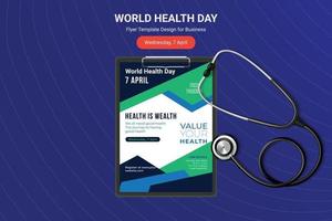 flyer de la journée mondiale de la santé, conception d'affiches avec stéthoscope vectoriel. vecteur