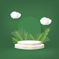Podium 3d avec feuilles de palmier et nuage sur fond vert. vecteur