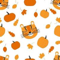 motif d'automne sans couture pour enfants avec une tête de tigre mignonne, des citrouilles et des feuilles vecteur