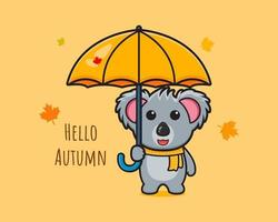 Koala dit bonjour l'automne sur l'icône de dessin animé de bannière carte illustration vectorielle vecteur