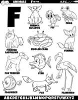 dessin animé animal personnages pour lettre F ensemble coloration page vecteur