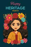 célébrer patrimoine mois avec cette vibrant cadeau carte avec une dessin animé femme dans traditionnel tenue, floral accents, et chaud vœux. vecteur