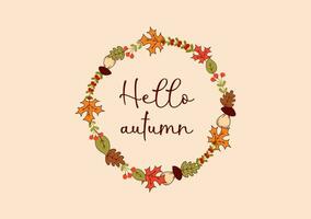 l'automne confortable Cadre de feuilles, baies et champignons avec salutations l'automne. pour cartes, scrapbooking, décoration. vecteur illustration.