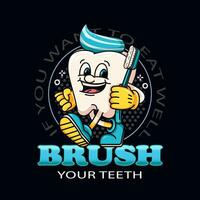 brosse votre dents, une aux cheveux pâteux dent dessin animé mascotte porter une brosse à dents. adapté pour logos, mascottes, tee-shirts, autocollants et affiches vecteur