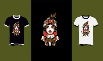 visage femmes et fleurs T-shirt ouvrages d'art conception vecteur