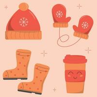 hiver accessoires ensemble avec café tasse, Mitaines, bottes et chapeau vecteur