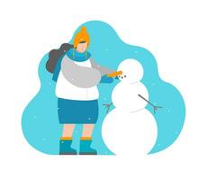 vecteur isolé concept dans plat style. fille des bâtons carotte dans le tête pour bonhomme de neige nez. marrant Activités dans hiver vacances. femme est dans finlandais Orange des oreillettes, vers le bas veste et bleu bottes.