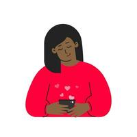 vecteur isolé plat concept. dessin animé africain américain femme écrit message sur téléphone en utilisant mobile app pour en ligne rencontre. elle est Jeune adulte et chercher partenaire. début de romantique relation