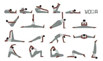 vecteur plat illustration collection avec femelle adulte personnage Faire yoga. africain américain femme apprend séance élongation postures. ensemble de de base des sports exercice pour débutants