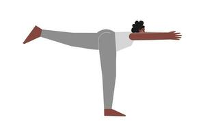 vecteur isolé illustration avec plat femelle personnage. sportif africain américain femme apprend équilibrage posture virabhadrasana iii à yoga classe. aptitude exercice - guerrier 3