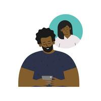 vecteur isolé plat illustration. dessin animé content africain américain homme envoie SMS sur téléphone à le sien petite amie. en ligne sortir ensemble par mobile application. romantique relation et distance l'amour. gars manque le sien Dame