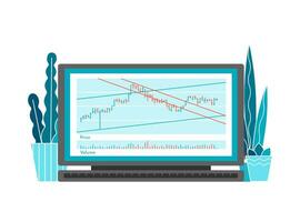 vecteur concept avec plat ordinateur sur bureau dans Accueil bureau. en ligne La technologie pour investisseurs sur Stock échange. Les données une analyse sur bar graphique, décision à acheter ou vendre actions. financier marché instruments