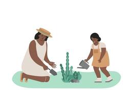 vecteur plat illustration avec dessin animé personnages. africain américain mère dans paille chapeau les plantes fleurs par spatule et souriant peu fille des eaux feuilles dans jardin. content vacances avec famille dans la nature