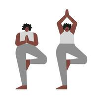 vecteur isolé concept avec plat femelle corps positif personnages. africain américain adulte femme apprend équilibrage posture et Est-ce que arbre pose à yoga classe. coeur exercice pour débutants - vrksasana