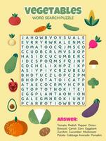 mot chercher puzzle avec des légumes. éducation Jeu pour les enfants. tâche pour enfants. coloré mots croisés pour apprentissage Anglais langue. dessin animé orthographe puzzle. tester pour enfants. vecteur illustration.