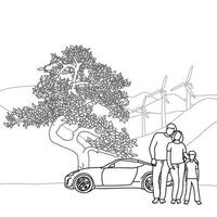 famille avec arbre et voiture vector illustration