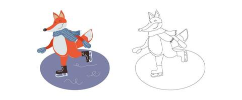 coloration livre marrant dessin animé Renard personnage dans une écharpe et Mitaines patinage sur glace. vecteur dessin animé illustration pour enfants livres, contour pour coloration avec un exemple dans couleur.