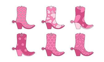 ensemble de rose branché cow-girl bottes avec éperons et divers ornements. plat contour vecteur illustration.